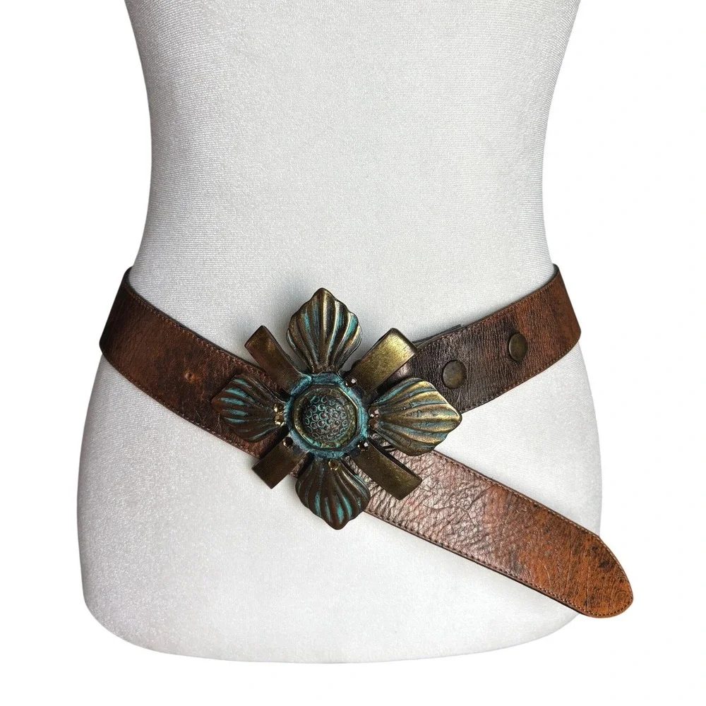 Leatherock Belt Statement 32 Brown Leather Floral Buckle Distressed Western 1489